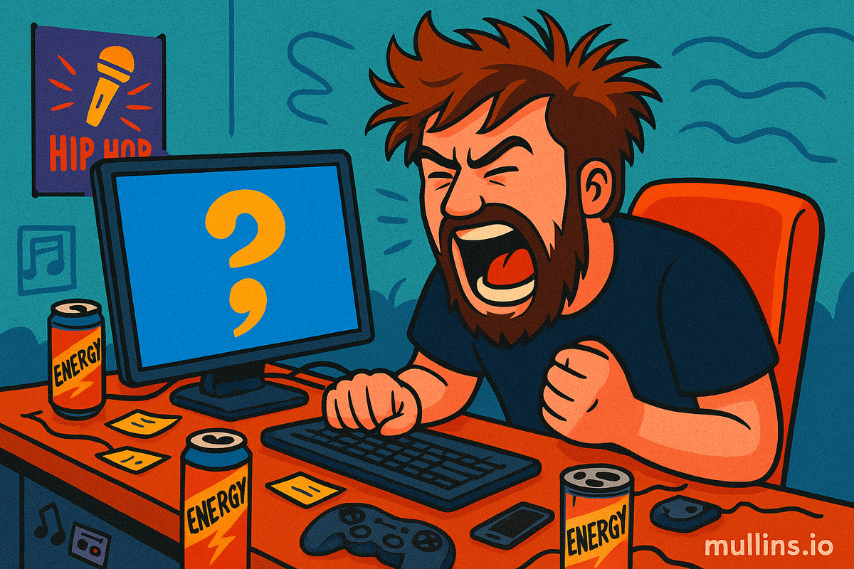 A developer yelling at his computer screen where a semicolon is visible on screen.