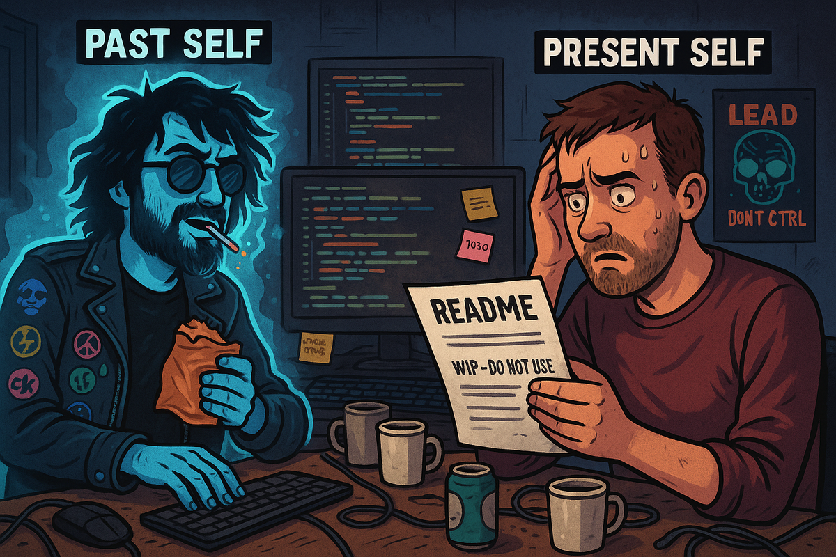 A developer looking at a poor README written by his past, rebellious self