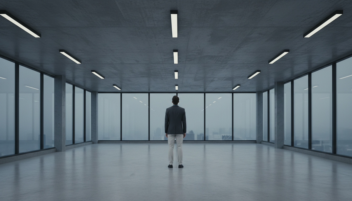 A person standing alone in a large, empty office space with concrete ceilings and floor-to-ceiling windows looking out over a foggy cityscape.