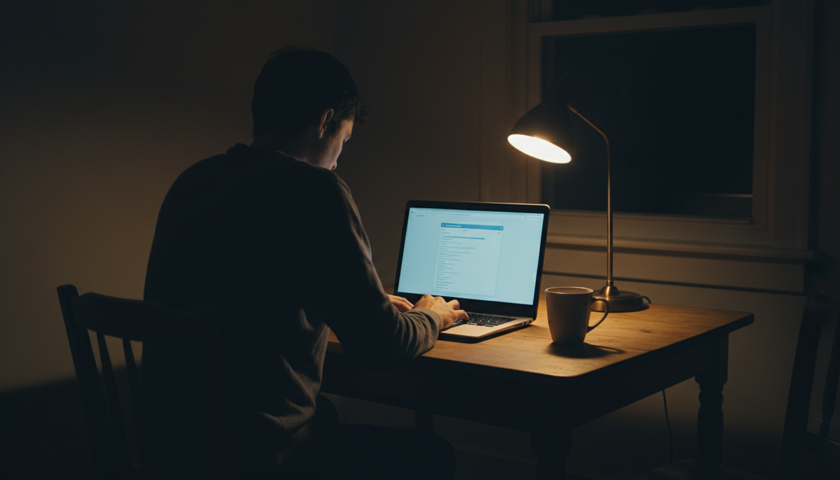 A person sitting alone at a dimly lit kitchen table at night, working on a laptop next to a coffee mug, illuminated by a single desk lamp.