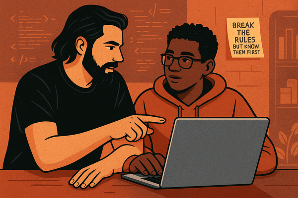 A developer mentoring another developer in front of a laptop