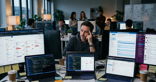 Tech lead overwhelmed by competing priorities and constant interruptions in a modern engineering office