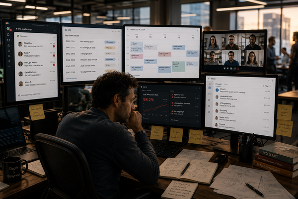 A tech leader overwhelmed by meetings, notifications, and calendar alerts while trying to focus on work.