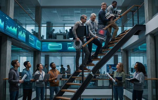 Broken career ladder in a corporate tech office symbolizing the collapse of junior developer hiring in the AI era.
