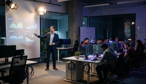 Disconnected engineering team in a corporate meeting led by an ineffective manager.