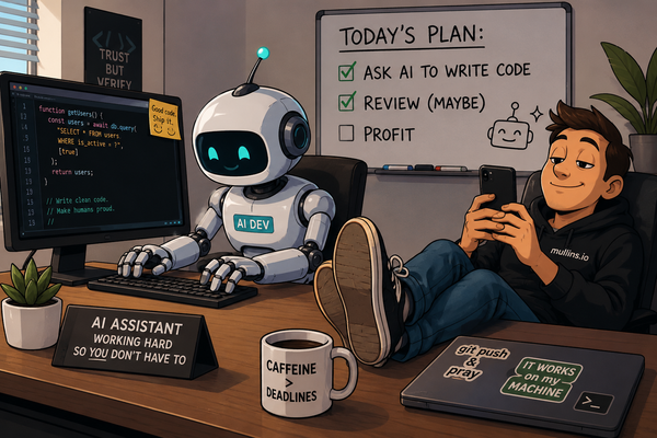 Robot writes code while a developer scrolls on their phone, symbolizing overreliance on AI in development.