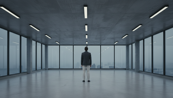 A person standing alone in a large, empty office space with concrete ceilings and floor-to-ceiling windows looking out over a foggy cityscape.