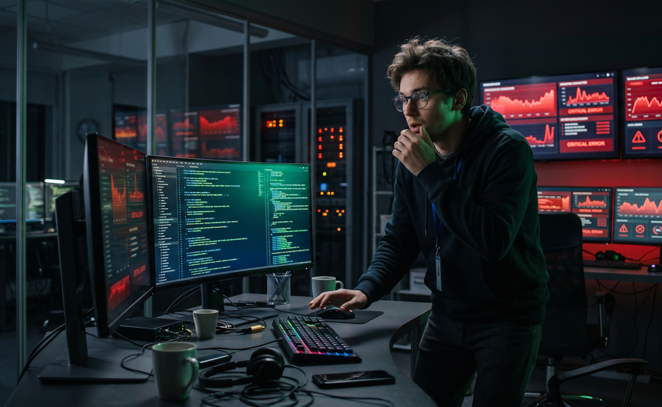 Software engineer responding to production failures while AI-generated code fills multiple monitors.